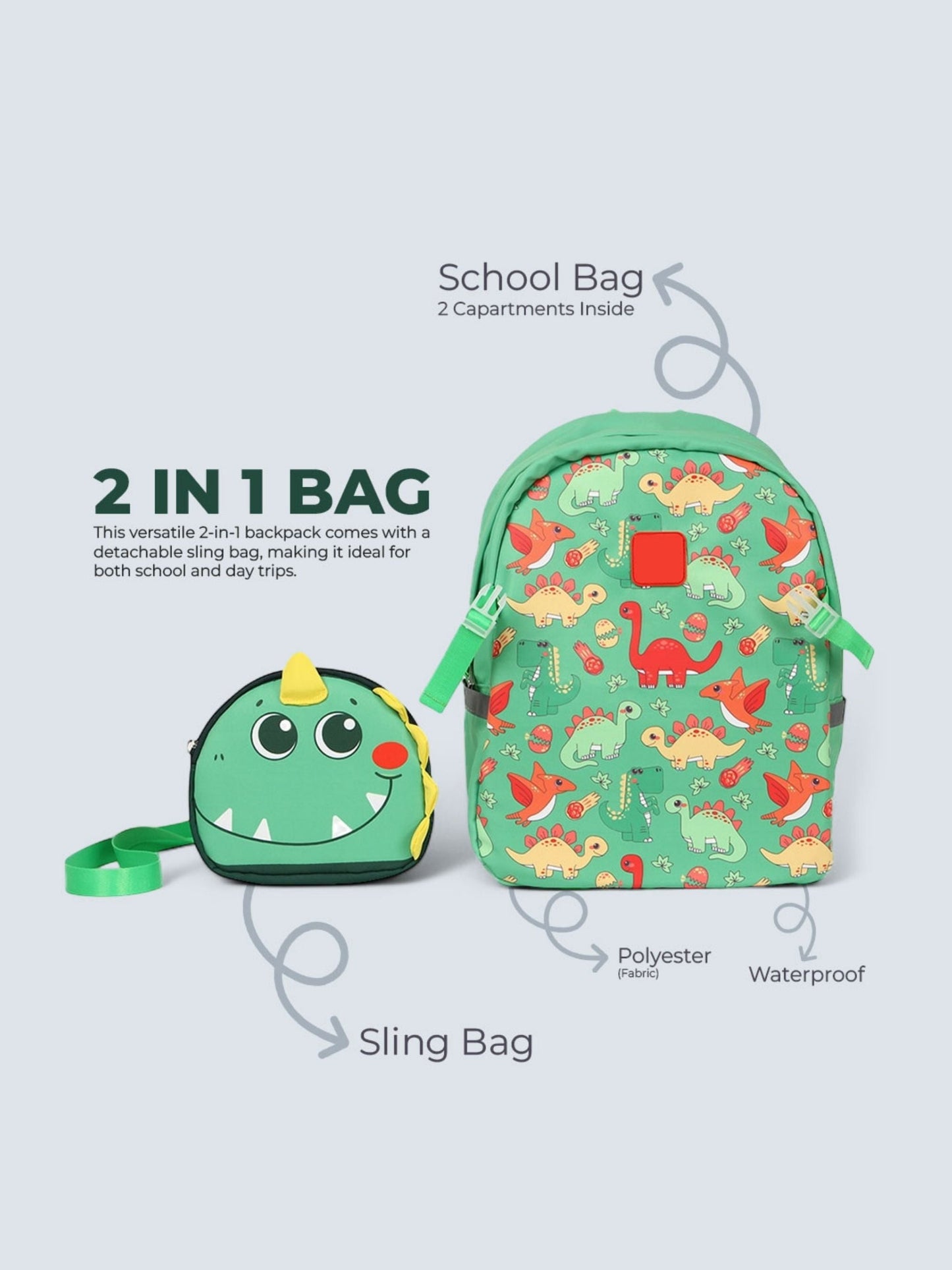 Tykle Dino BTS Combo – 2-in-1 School Bag + Sling Bag + Oil Pastels + Water Bottles