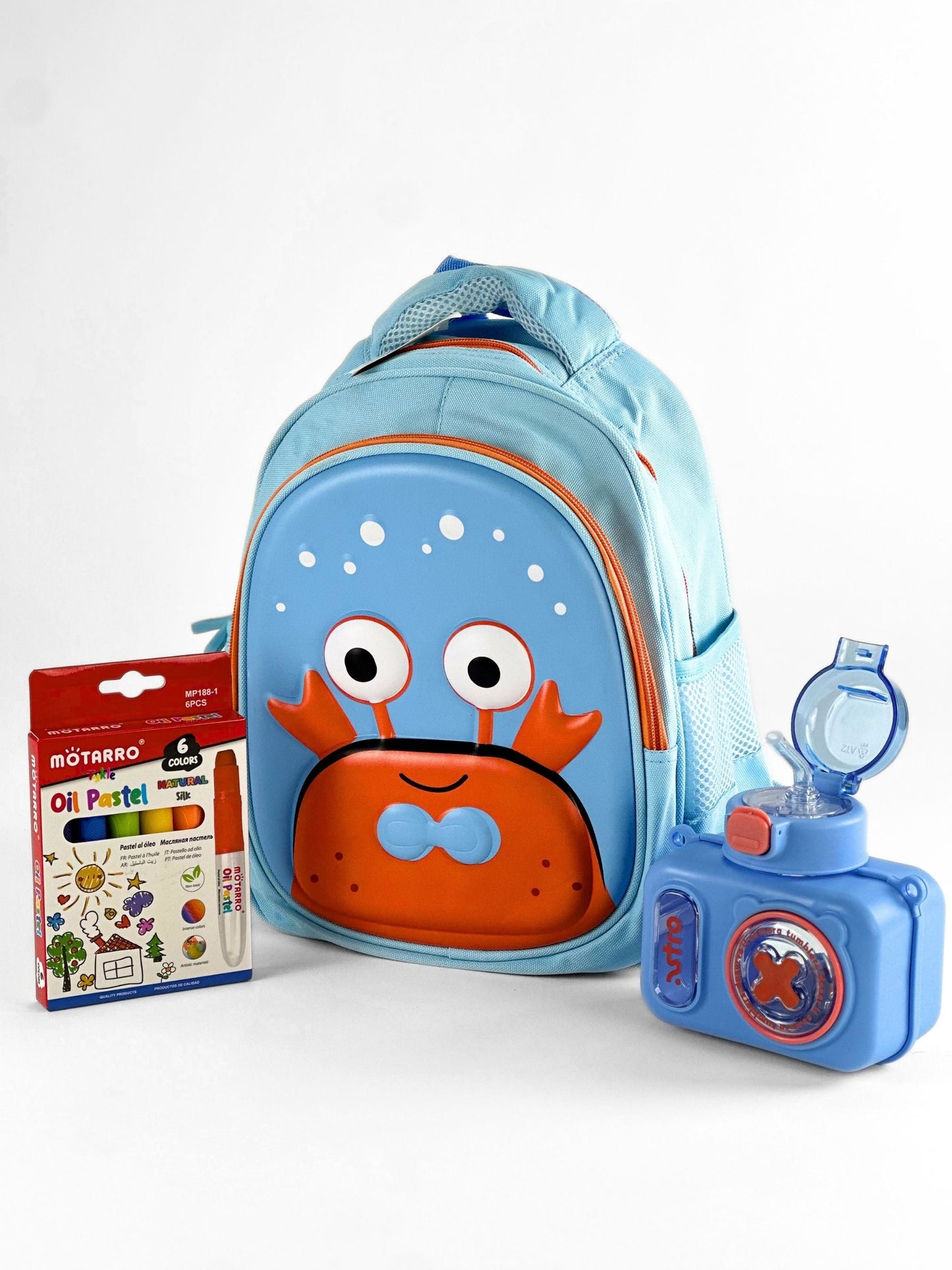 Tykle Crab BTS Combo – 3D School Bag + Oil Pastels + Camera Water Bottle