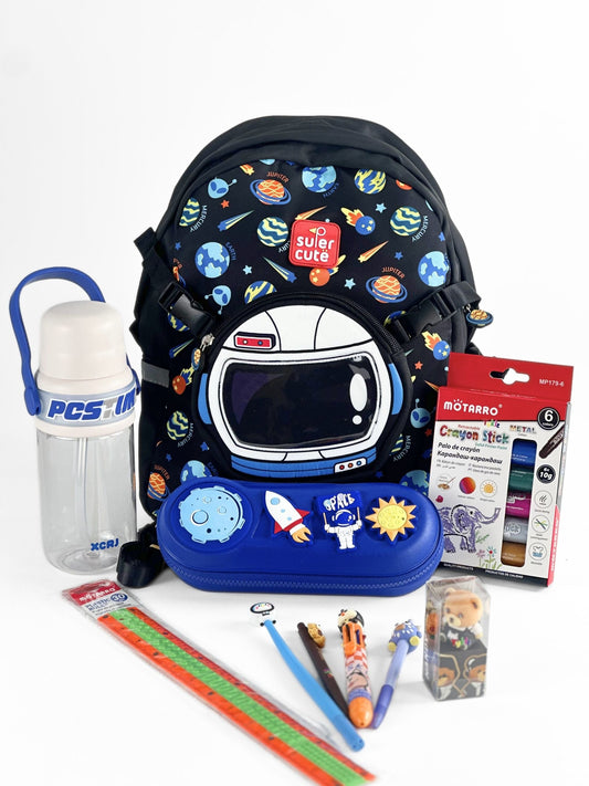 Tykle Space BTS Combo – 2-in-1 School Bag + Pencil Case + Crayon Sticks + Stationery Set