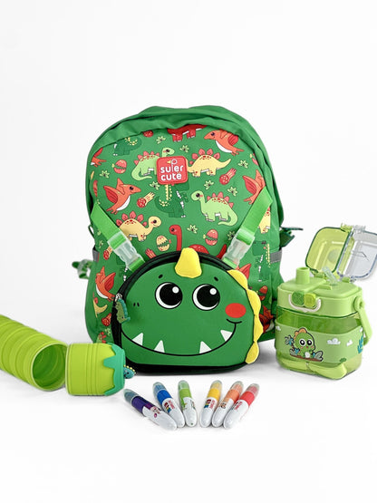 Tykle Dino BTS Combo – 2-in-1 School Bag + Sling Bag + Oil Pastels + Water Bottles