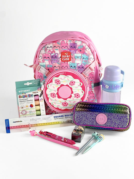 Tykle Kawaii BTS Combo – 2-in-1 School Bag + Pencil Case + Crayon Sticks + Stationery Set