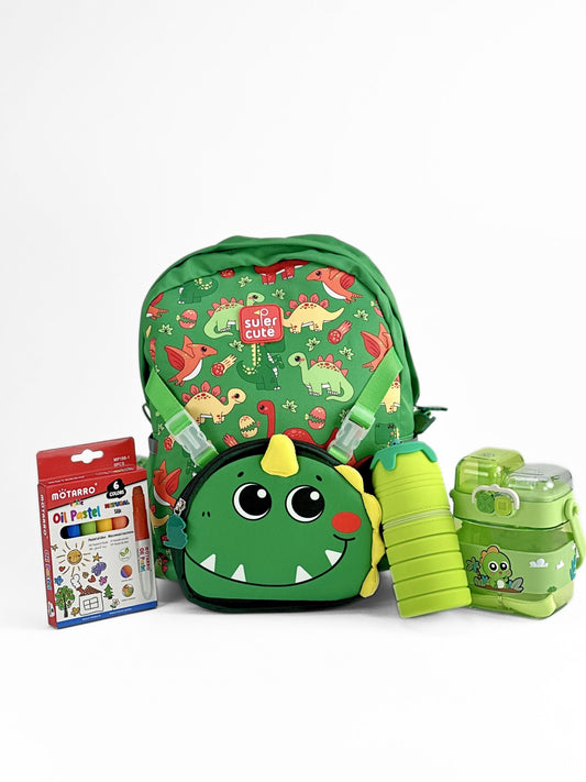 Tykle Dino BTS Combo – 2-in-1 School Bag + Sling Bag + Oil Pastels + Water Bottles