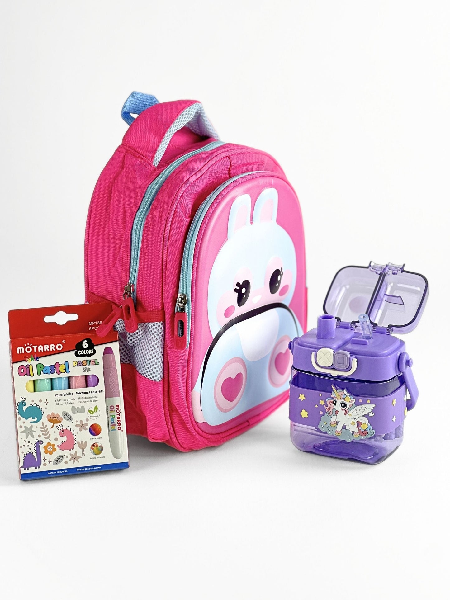 Tykle Bunny BTS Combo – School Backpack + Oil Pastels + Unicorn Water Bottle