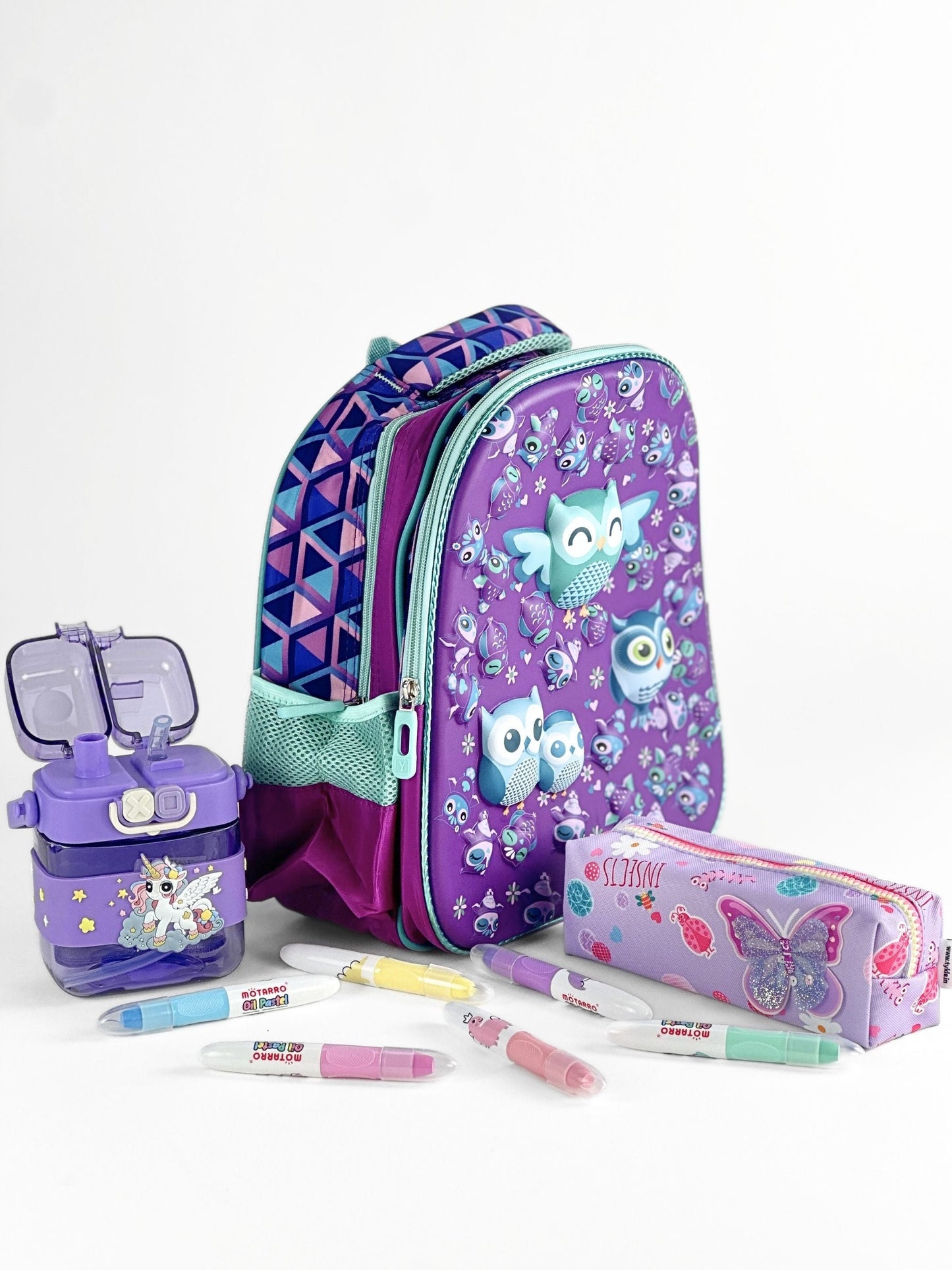 Tykle Owl BTS Combo – School Backpack + Pencil Pouch + Oil Pastels + Water Bottle