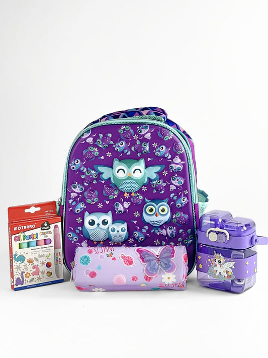 Tykle Owl BTS Combo – School Backpack + Pencil Pouch + Oil Pastels + Water Bottle