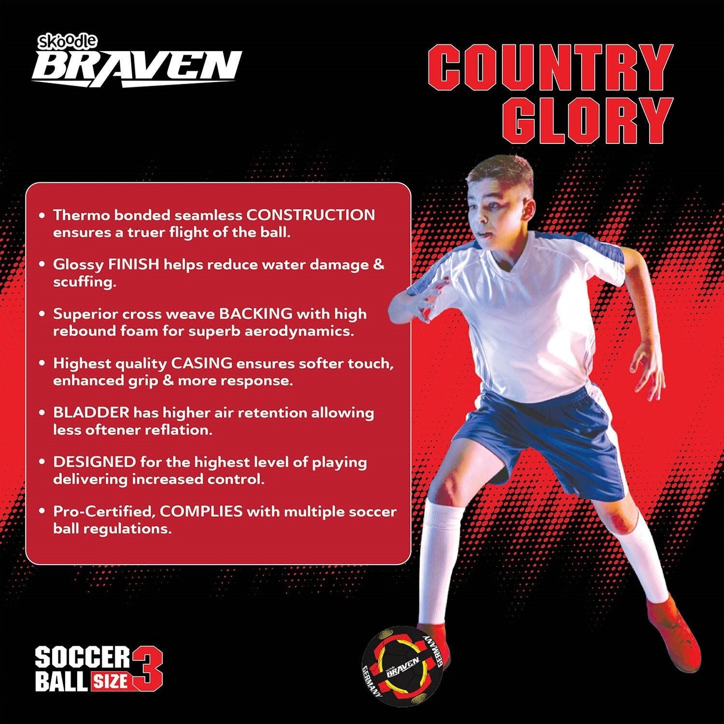 Braven Country Glory Football - Size 3 (Moulded) - Brazil / France / England / Spain / Germany / Argentina