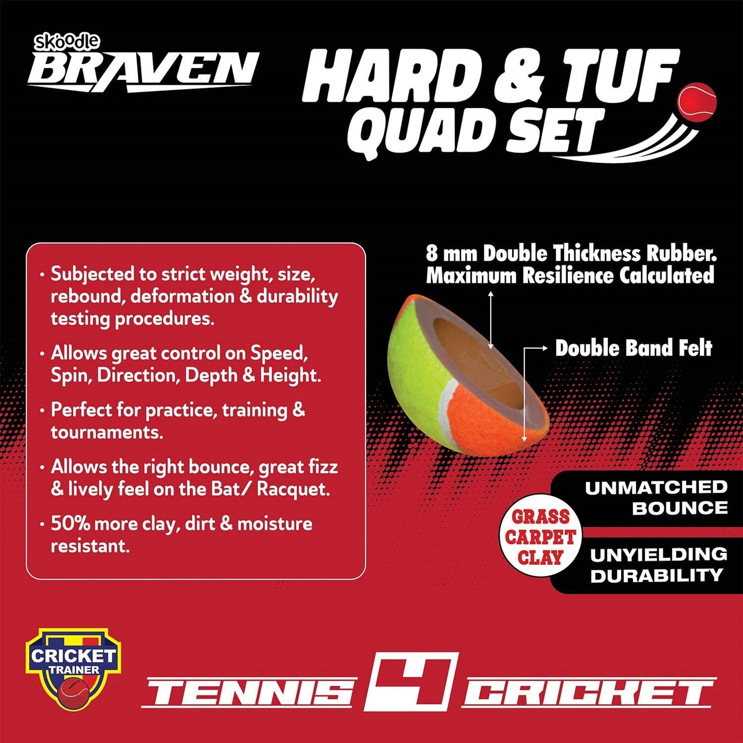 Skoodle Braven Tennis4 Cricket Hard & Tuf Ball (Set Of 4)