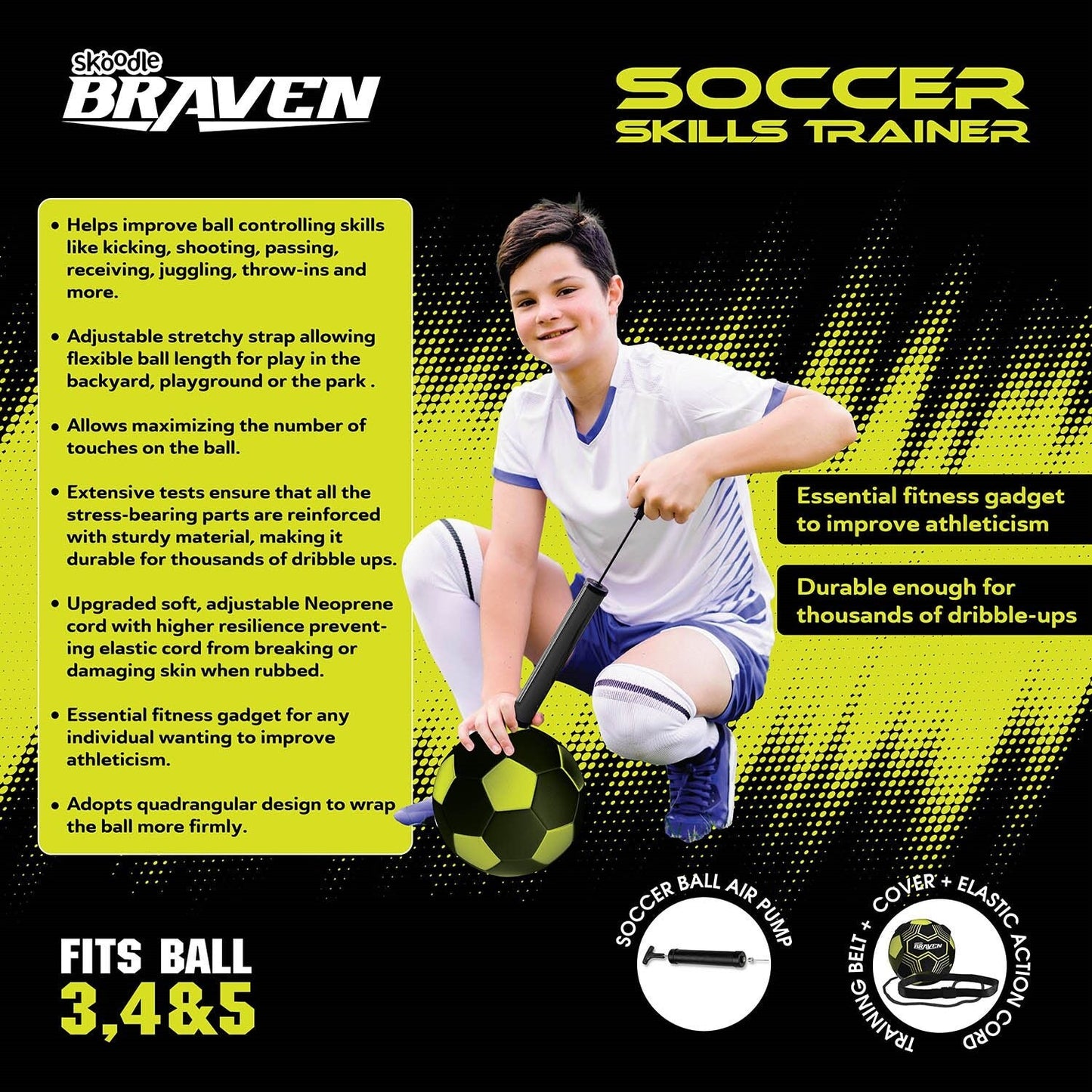 Skoodle Braven Football Trainer Set - Size 5 (Moulded Football + Training Belt + Ball Cover + Elastic Cord + Pump)