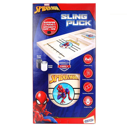 Skoodle Sling Puck Game With Spider Man Print For Kids Indoor And Outdoor Acitivties, Ideal For Party/Kids Gift (1 Smooth Wooden Board X 10 Spiderman Pucks) (Age 6+)