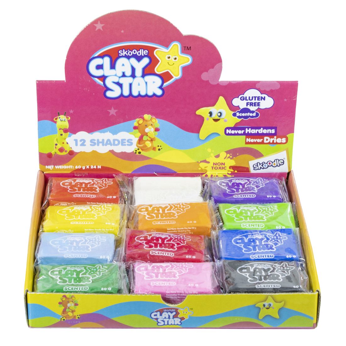 Skoodle Clay Star Re-Usable, Non-Drying And Non-Hardening Clay, 60Gms Bars, Set Of 24, 2 Each Of 12 Colours, Perfect For Arts And Crafts Projects